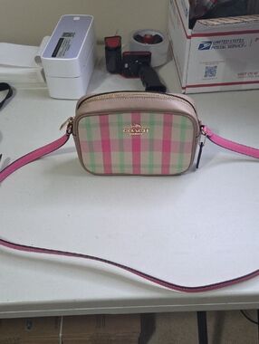 Coach Jamie Mini Pink Plaid Crossbody Camera Bag with Green Accents